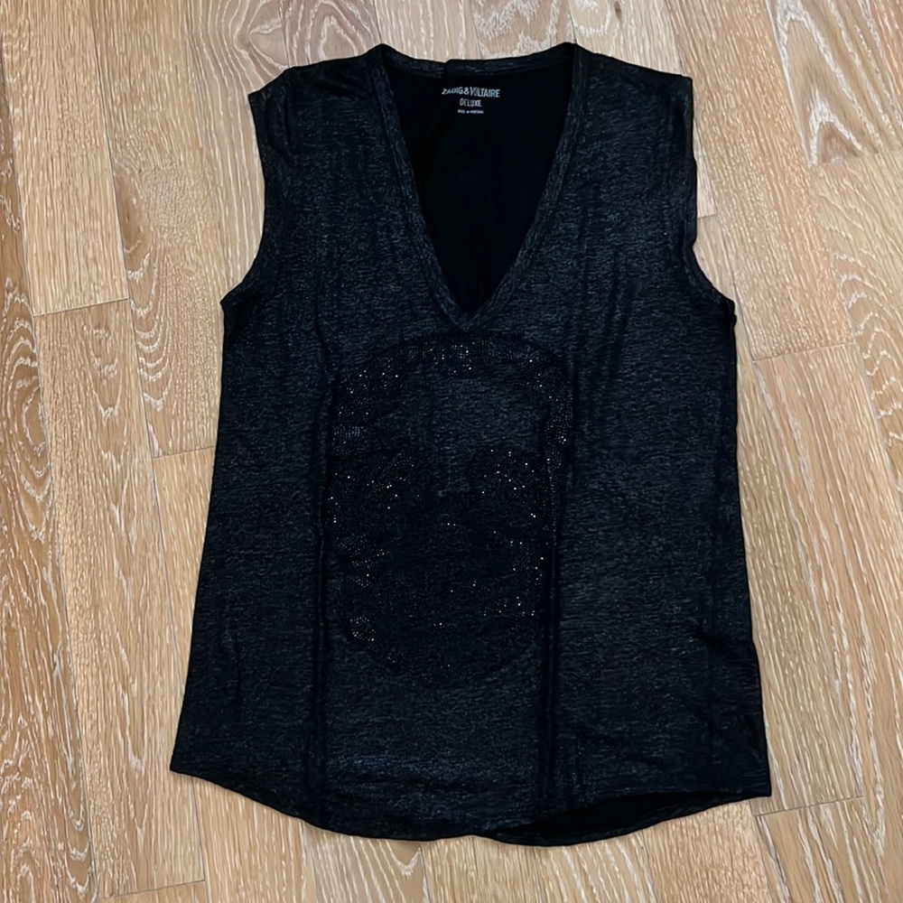Zadig & Voltaire black v neck tank with beaded skull